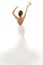 Wedding Bride Back Rear View, Elegant Woman in Beautiful Dress Arms Raised Up with Flowers, Studio Portrait on White