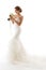 Wedding Bride, Beautiful Woman in White Dress with Flowers Bouquet, Elegant Studio Portrait