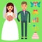 Wedding bride and groom couple invitation celebration set flat anniversary romance decoration icons illustration