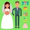 Wedding bride and groom vector couple invitation celebration set flat anniversary romance decoration icons illustration