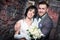 Wedding. bridegroom or fiance portrait with bride on background