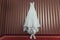 Wedding brides dress and shoes hang on texture wall