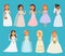 Wedding brides vector girl characters white dress illustration. Celebration fashion woman cartoon girl white dress