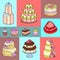 Wedding cake banner vector illustration. Chocolate and fruity desserts for sweet shop with fresh and tasty cupcakes