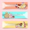 Wedding cake banners vector illustration. Chocolate and fruity desserts for sweet shop with fresh and tasty cupcakes