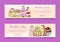 Wedding cake banners vector illustration. Chocolate and fruity desserts for sweet shop with fresh and tasty cupcakes
