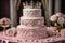 Wedding cake decorated with pink roses and gold crown on the table. ai generative
