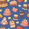 Wedding cakes seamless pattern of sweet baked vector isolated cakes. Strawberry cake for holiday, chocolate cake for