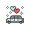 Wedding car, limousine service flat color line icon.