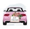 Wedding car. Stylish pink car with wedding decoration. Just married board with flowers.