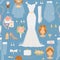 Wedding cartoon bride icons vector seamless pattern