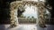 Wedding ceremonial arch decorated with white flowers, sea background. AI generated.