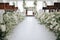 Wedding ceremony in the chapel for intimacy family and friends. Sunny outdoors afternoon natural light. Flowers arrangement for de