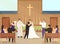 Wedding ceremony in church vector illustration, cartoon happy couple characters getting married and kissing in chapel
