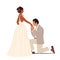 Wedding Ceremony, Groom Stand on Knee Kissing Bride Hand. Happy Newlyweds Couple Characters Posing to Photographer