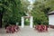 Wedding ceremony in outside, rustik style. White door arch in green tree background