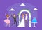 Wedding Ceremony, Romantic Newlywed Couple Standing Near Wedding Arch, Guests Congratulating them Flat Vector