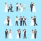 Wedding ceremony set. Groom and bride holding glasses man in tuxedo woman white dress cutting wedding cake romantic pair