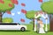 Wedding ceremony in summer park, happy couple bride and groom, luxury limousine, vector illustration