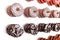 Wedding chocolate donuts for guests. festive concept. sweets on a wedding day. wedding donuts. A yummy donut wall
