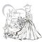 Wedding clip art set with beautiful wedding dress, wedding cake, champagne and flower bouquet, black and white wedding card or inv