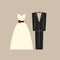 Wedding clothing, bride and groom dress and suit.