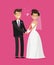 Wedding concept. Happy bride and groom holding hands. Cartoon vector illustration