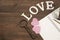 Wedding Concept. Hearts, Pen, Paper, Key, Money On Wood Background