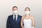 Wedding during the coronavirus period. Bride and groom in protective medical masks