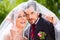 Wedding couple bride and groom hiding with veil