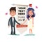 Wedding couple character hold hand together with blank cute label. Invitation card concept - vector