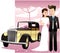Wedding couple with classic car