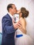 Wedding couple doing selfie on smart-phone in