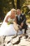 Wedding couple feeding doves