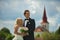 Wedding couple in front of church