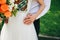 Wedding couple is hugging in the green park. Bride in white lace dress with embroidery and groom in shirt are holding hands
