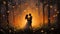 Wedding couple kissing in the forest with fire and smoke. Oil painting. Valentine background