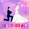 Wedding couple newly married weds bride and bridegroom with ribbon and blurred background cartoon vector illustration.