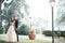 Wedding couple in the park under a tree in the rain
