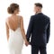 Wedding Couple Rear View, Romantic Bride and Groom Back Side, Elegant Studio Portrait in White Dress and Black Suit. Isolated