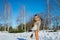 Wedding couple in a showy wither day, holding each other, having fun dansing. rustic style short wedding dress. Girl brunette. be