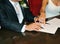 Wedding couple during the signing of their marriage contract