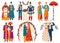 Wedding culture traditions vector illustration set, cartoon flat bridal traditional multicultural couples, bride and