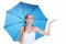 Wedding day. Bride with blue umbrella isolated