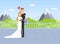 Wedding Day, Happy Just Married Couple, Romantic Bride and Groom Hugging on Mountain Landscape Vector Illustration