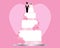 Wedding day invitation with a pink heart background and white wedding cake with bride and groom decoration