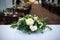 Wedding decor. Table for the newlyweds outdoor. Wedding reception. Elegant wedding table arrangement, floral decoration, restauran