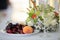 wedding decoration on the table. Bridal bouquet and berries