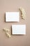 Wedding details cards on pastel beige background with dried leaves.