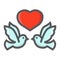 Wedding doves with heart filled outline icon